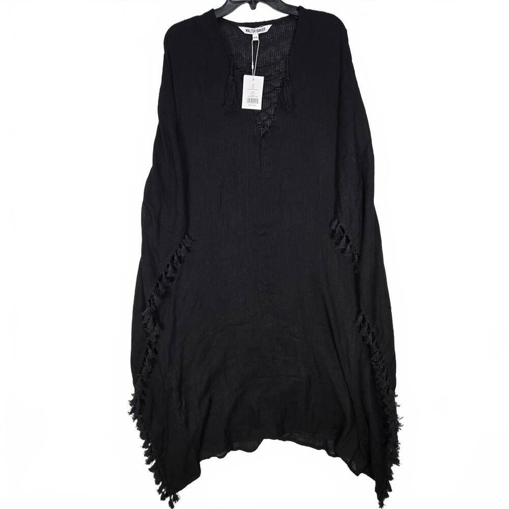 Walter Baker Black Acapulco Kaftan Tassel Lace Up Cover Up Swim NWT O/S Resort